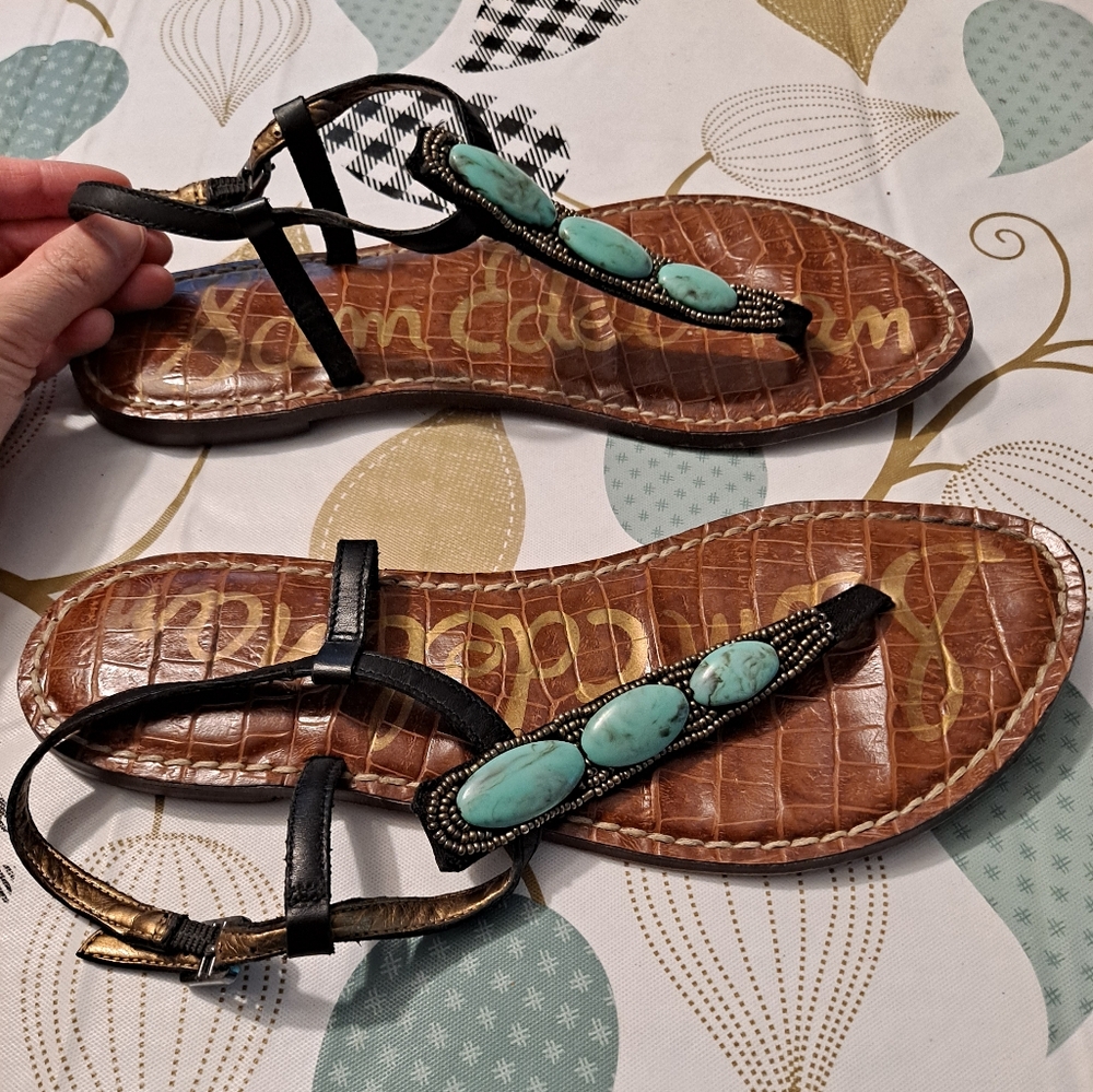 Sam Edelman Brown Leather Sandals with Turquoise Bead Accents - Picture 2 of 6